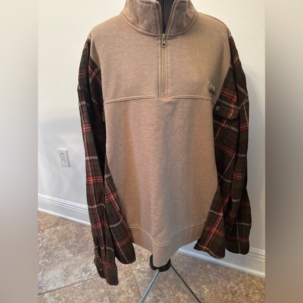 Men's Custom Oversized Beige and Plaid Flannel Zip Up Pullover